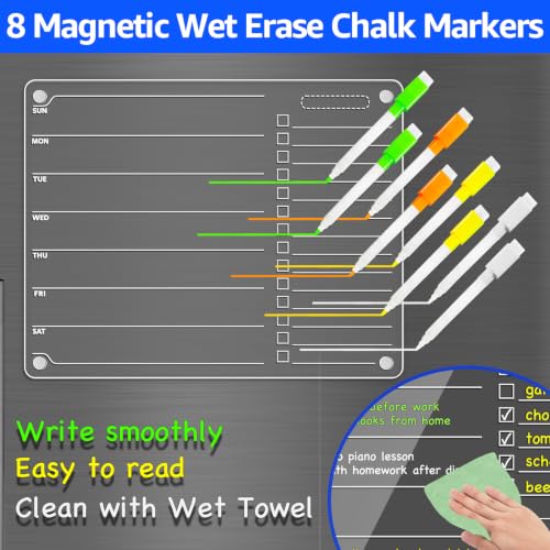 Image of PigPotParty Acrylic Magnetic Week /TODO Whiteboard for Refrigerator, 12x9.5 Inch Clear Dry Erase Checklist Board, 2-Column Fridge List with Pre-Installed Embedded Magnet, 8 Markers and 1 Towel