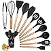 Juego Utensilios Cocina silicona, 12PCS Set Utensilios de Cocina Accesorios sin BPA, Herramientas Antiadherentes Resistentes al Calor con Mango de Madera, Menaje de Cocina con Cuchara/Espátulas/Pinza
