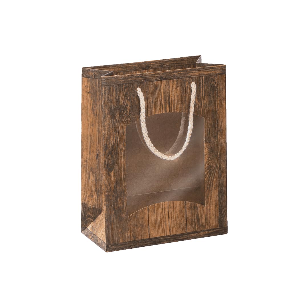 [BOXXCO] 20 Stück 1er Papiertüten Bocksbeutel Vintage mit Sichtfenster für 0,75l Flaschen, 170x85x220 mm, edle Geschenktüten mit Kordel & Linienprägung