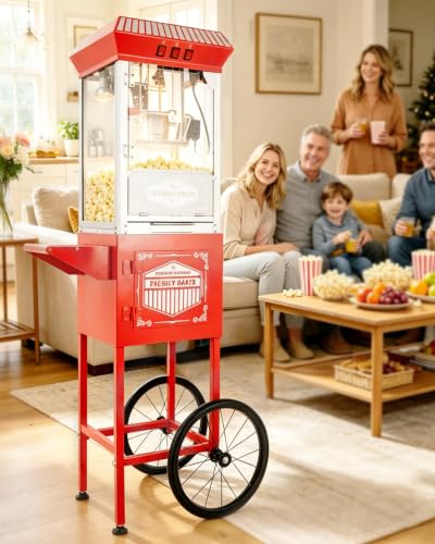 Image of Large Popcorn Machine with Cart: 12 Oz Vintage Commercial Popcorn with Foldable Stand Makes Up to 48 Cups, 3 Serving Cups, Measuring Cups & a Scoop for Home Party Office, Matte Red