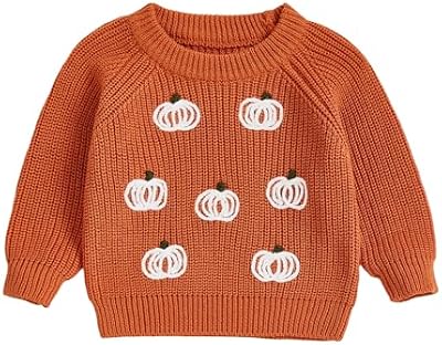 Bright Orange Toddler Halloween Outfit – Pumpkin Embroidery Knit Sweater Sweatshirt for Boys & Girls...