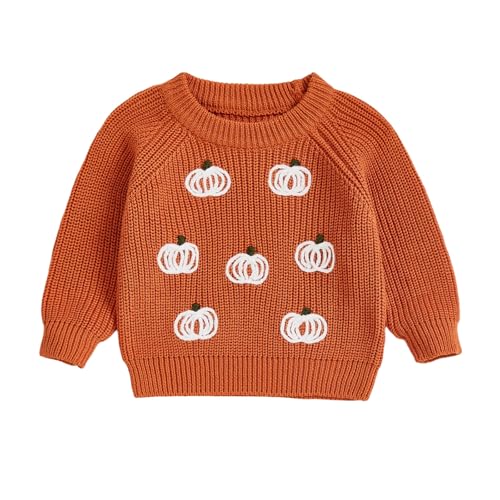 Bright Orange Toddler Halloween Outfit – Pumpkin Embroidery Knit Sweater Sweatshirt for Boys & Girls Ages 3-4