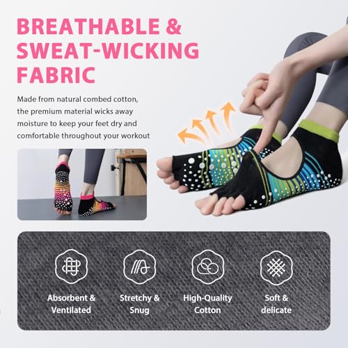 Image of Non Slip Pilates Grip Socks for Women Yoga Barre Knitted Cotton | Full Foot Sticky Silicone,Soft Breathable Comfortable,Durable Washable Anti Skid,Gentle Arch Compression Support