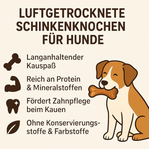 Luftgetrocknete Schinkenknochen für Hunde - 4 Stück - Natürlicher Kausnack, Langanhaltende Beschäftigung, Reich an Protein & Mineralstoffen