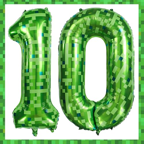 FJZEPIN 40 Inch Giant Green Pixel Miner Themed Number Foil Balloon, Mining Green Birthday Party Decorations 0-9 Optional Children's Anniversary Balloon Party Supplies (Number 10)