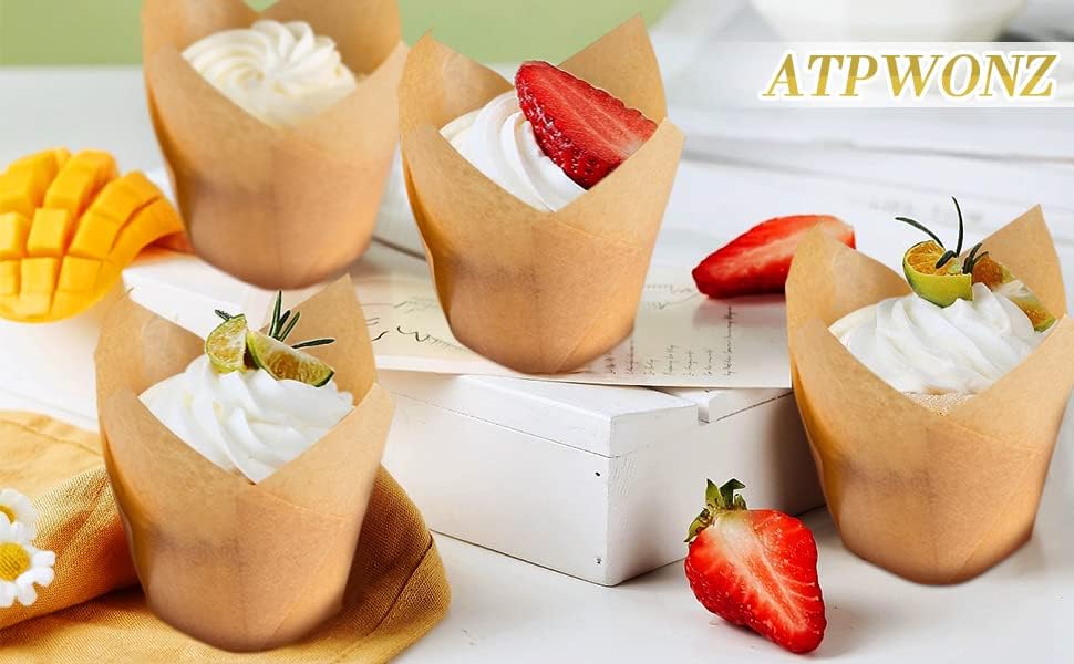 ATPWONZ 200pcs Tulip Cupcake Liners Unbleached Natural Tulip Baking Cups Muffin Paper Liner Parchment Paper Liners for Wedding Birthday Baby Shower Party Home Bakery Shops Cafes