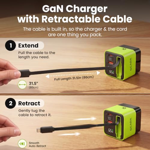 GEARit 65W GaN Charger with Retractable Cable, USB C Fast Charging Block - image 3