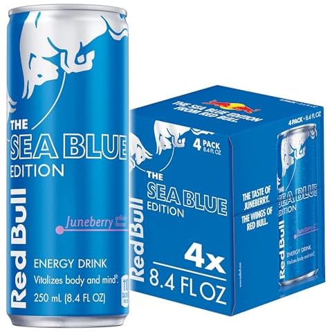 Red Bull Sea Blue Edition Energy Drink, Juneberry, with 80mg Caffeine plus Taurine & B Vitamins, 8.4 Fl Oz, Pack of 4 Cans Cover
