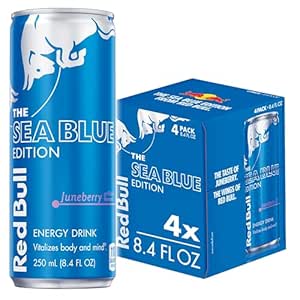 Red Bull Sea Blue Edition Energy Drink, Juneberry, with 80mg Caffeine plus Taurine &amp; B Vitamins, 8.4 Fl Oz, Pack of 4 Cans