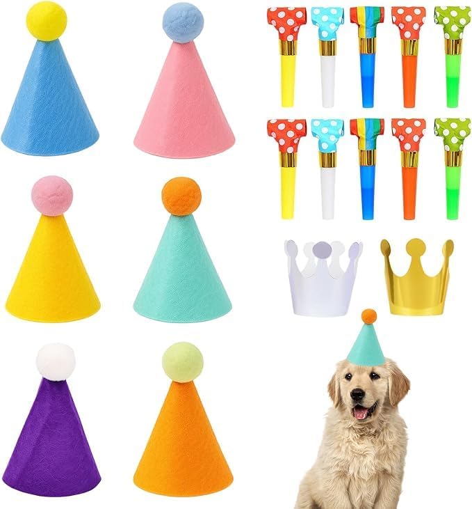 Party Hats for Cuddly Toys, Mini Party Hats for Kids Birthday Party, 18 Piece Set with 6 Hats, 10 Wind Instruments and 2 Crowns, Ideal for Birthday Parties and Photo Props