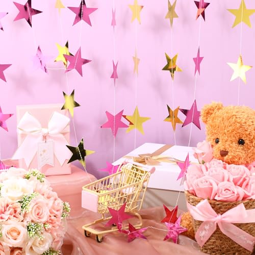 Image of Patelai 78 Feet Glitter Star Garland Banner 2026 Party Decoration Double Side Star Hanging String Streamer Paper Twinkle for Graduation Wedding Birthday (Gold and Pink)