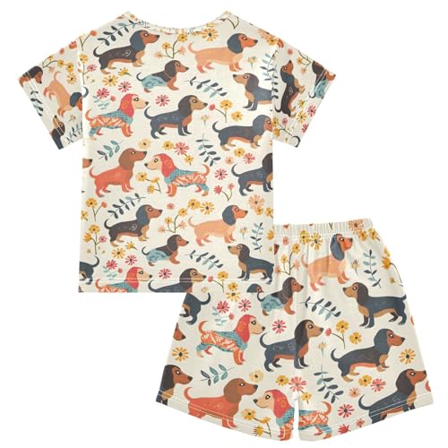 ALAZA Dachshund Puppy Dog Blossom Pajamas Set Short Sleeve Cotton Sleepwear Summer Pjs 2 Piece 5-14Y2