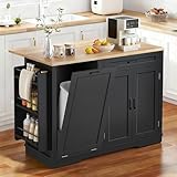 YITAHOME 50 Inch Rolling Kitchen Island with Trash Can Storage Cabinet & Drop Leaf, Portable Mobile Islands Table Long Floating Movable w Wheels Drawer Cabinet for 13 Gallon Garbage Bin, Black
