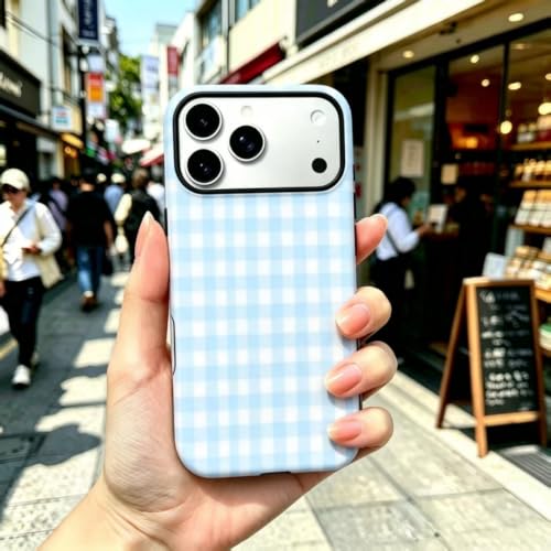 Image of for iPhone 17Pro Case Cute Phone Case,Compatible with MagSafe,Dual Layer Shockproof Protective Phone Cover,Hard Shell + Silicone Cover,Fashion Design for Women Girls,Blue and White Plaid