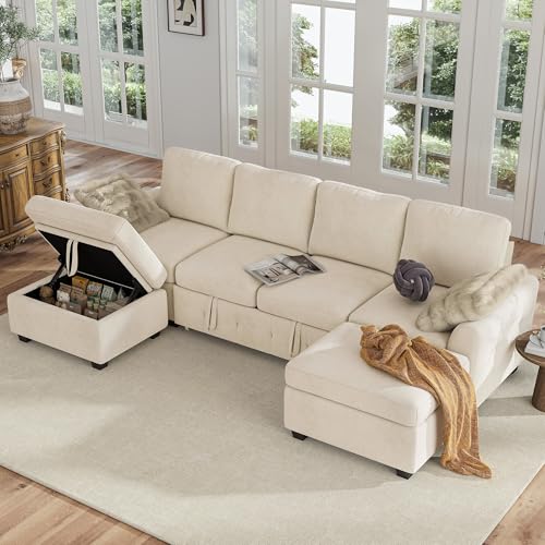 Image of Hanherry 104 inch Sectional Couch with Pull Out Sofa Bed,Chenille Sleeper Sofa with Storage Ottoman & USB Charging,Comfy U Shaped Modular Couches for Living Room,Apartment