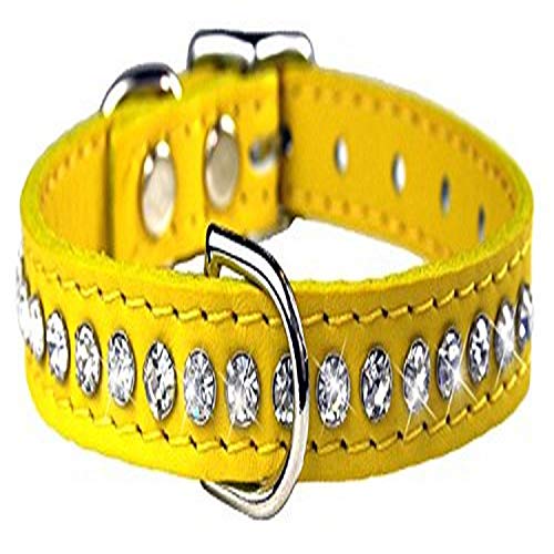 Image of Signature Leather Crystal Dog Collar, Yellow Solid Grain Leather, Fits 7.5 inch-9.5 inch Neck Size, 12 inch Overall Length