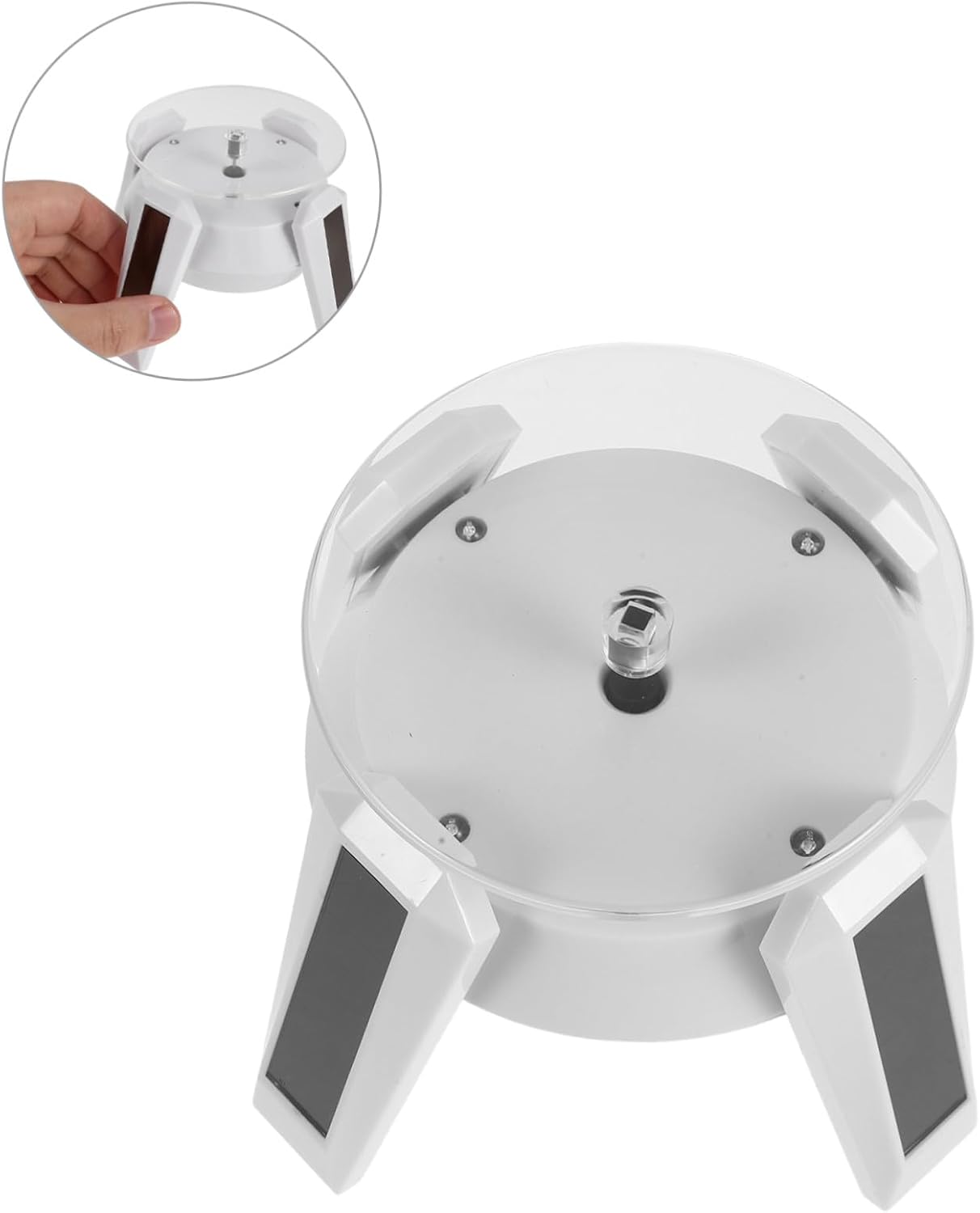 Solar Powered Rotating Jewelry Display Stand 360° Revolving Turntable White with Battery, Auto Rotating Showcase for Necklaces Bracelets Collectible Watches Tabletop Organizer