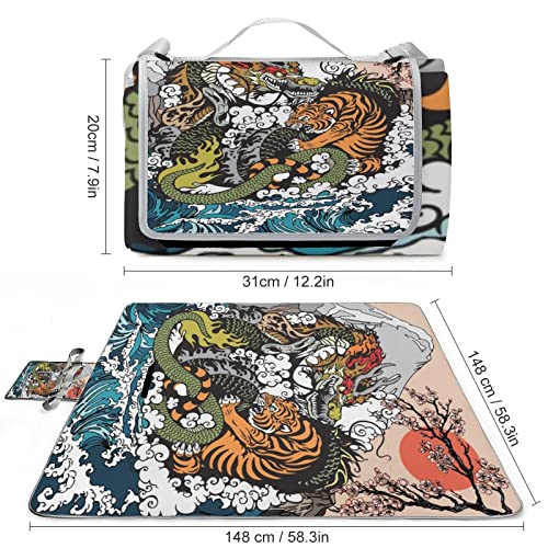 Japan Anime Dragon Hand Waterproof Foldable Picnic Blanket Painted Japanese Wave Fuji Mountain Dragon Tiger for The Beach Camping on Grass Waterproof Sandproof 58.3x58.3 Inch