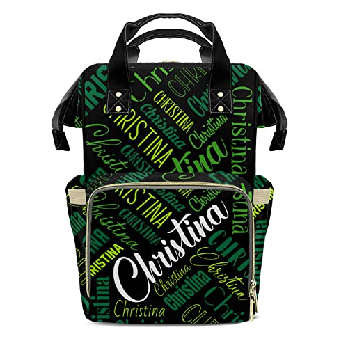OAHEDIAM Personalized Nappy Diaper Bag with Green-Black - Custom Name Casual Mommy Nursing Daypack, Multifunctional Nylon Backpack for Baby Boy Girl