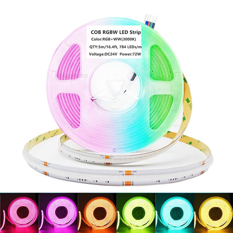 Striscia LED COB RGBW DC24V, 5 m, dimmerabile, RGB bianco caldo, flessibile, ad alta densità, 3920 LED, 5 fili RGBWW strisce per illuminazione ambientale, solo RGBW, senza alimentatore e controller
