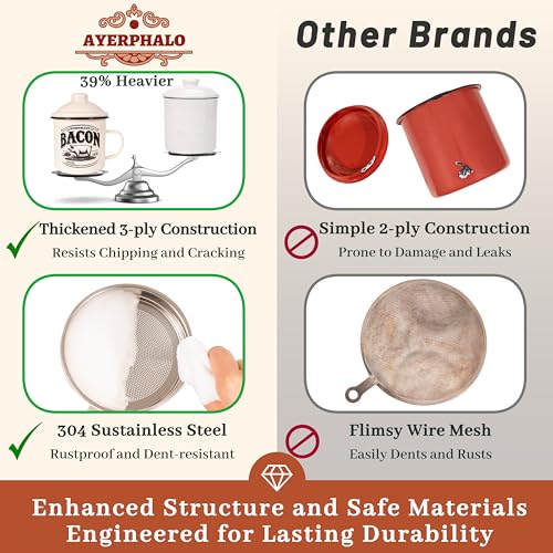 Image of Ayerphalo Bacon Grease Container with Strainer - With Food-Grade Silicone Spatula, 24oz Enamel Rustic Farmhouse Fat Container, Keeper, Recipes, Dishwasher Safe (Pack of 2)