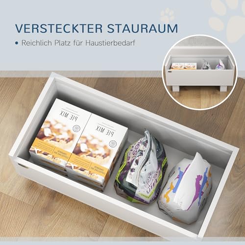 PawHut Hundenapf erhöht, Höhenverstellbar Futternapf für Hunde mit Stauraum, 2 x 1L Edelstahl-Schüsseln, Fressnapf mit Anti-Schling-Matte, für mittelgroße Hunde, Weiß