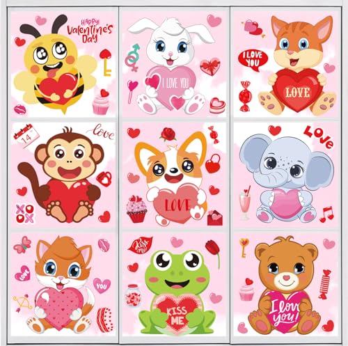 JarThenaAMCS Valentine's Day Window Clings Lovely Animals Window Decals Double-Sided Cute Cartoon Window Decor for Wedding Anniversary Home Office School Party Supplies, 9 Sheet