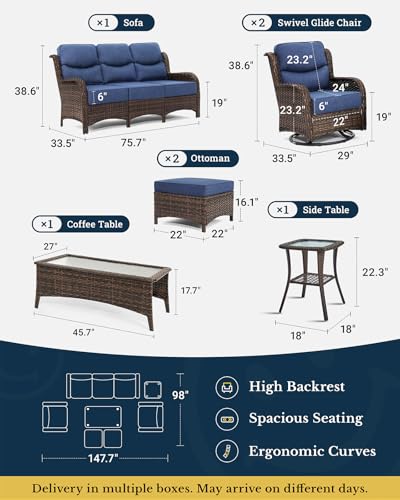HILLGA Luxury Patio Furniture Set with 6-inch Thick Cushion, Outdoor Couch and High Back Swivel Rocker Patio Chairs, 7PCS Wicker Conversation Set for Deck Yard and Poolside, Blue (V2)