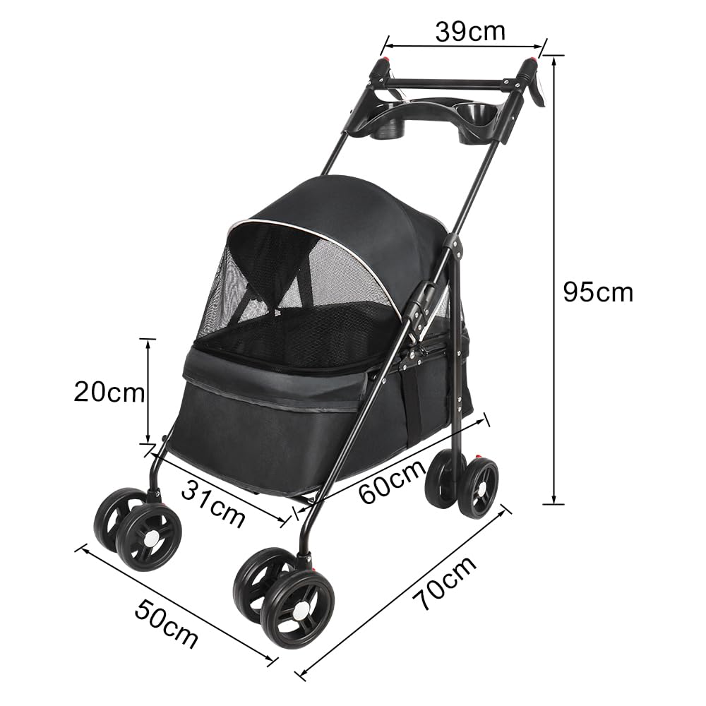 Animaux Voyage Poussette pour Chien 25 Kg avec Sac de Rangement, Housse de Pluie et Porte-gobelet - Pet Stroller Buggy 50*70*95cm Noir