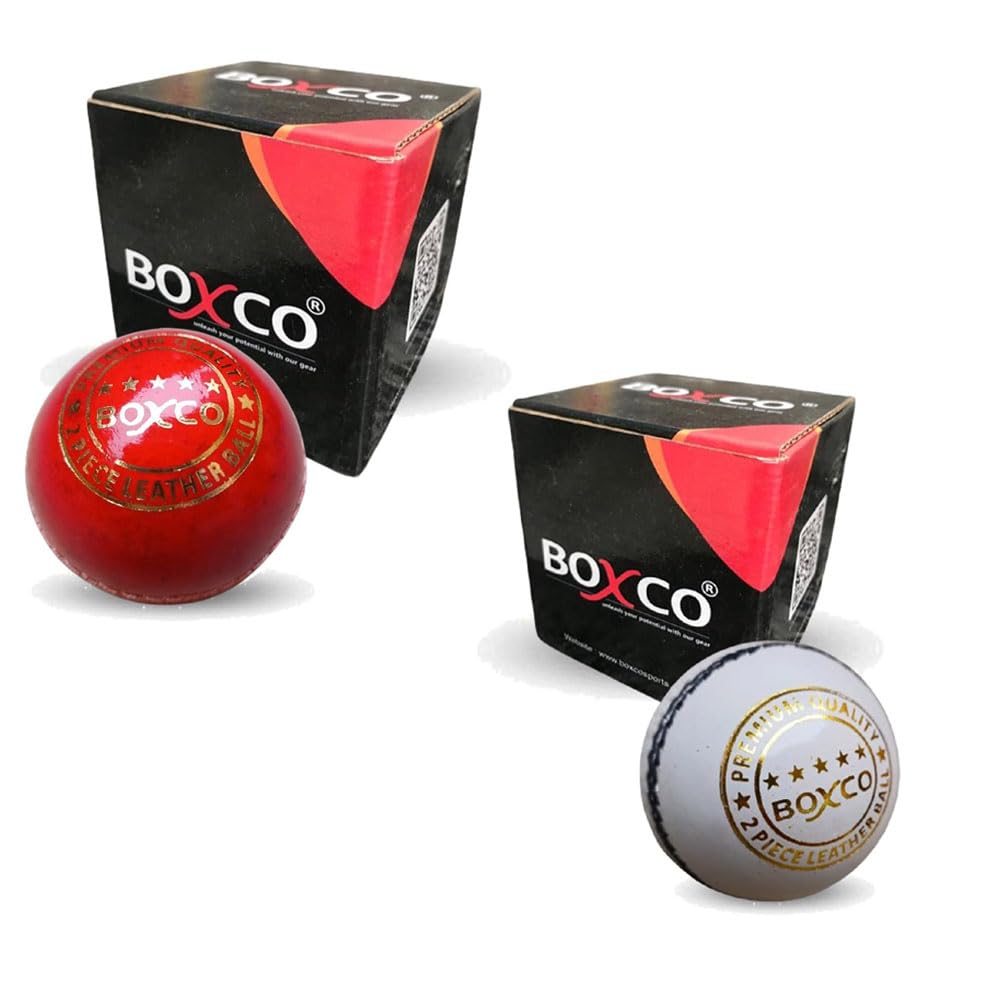 BOXCO Premium Hand Stiched Two Piece Cricket Leather Ball for T20, One Day and Club Matches (Pack of 2) (White & Red)