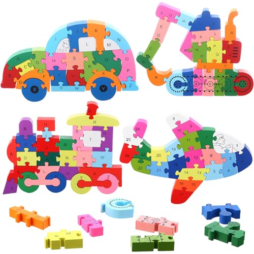 Image of Yunsailing 4 Pcs Wooden Animal Puzzles for Kids, Double Sided Snake Jigsaw with Alphabet & Numbers for Preschool Toddler Learning Educational Activities(Transportation)