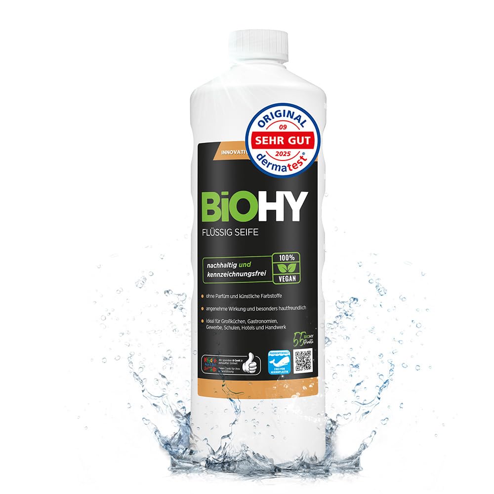 BiOHY Flüssig Seife (1l Flasche) | Hautschonende, rückfettende & flüssige Handseife | PHOSPHATFREI | geruchsneutrale Hygiene | auch für das Gesicht geeignet | ohne Parfüm & Farbstoffe