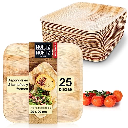 Moritz & Moritz 25 piezas de vajilla angular de hoja de palmera 20x20cm - 25 platos desechables duraderos - alternativa a la vajilla de bambú y los platos de bambú