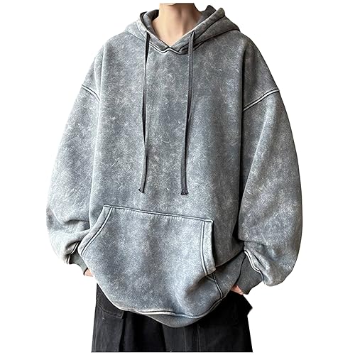 ALSOGO Men's Oversized Hoodies Long Sleeve Vintage Wash Pullover Sweatshirt Casual Basic Streetwear Hooded Tops