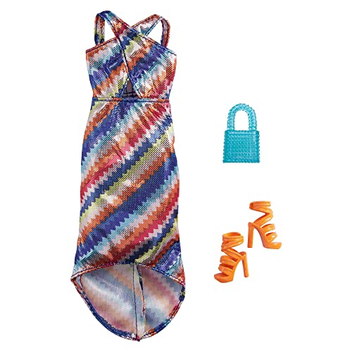 Mattel - Barbie Complete Looks Fashion, Shimmery Striped Maxi Dress with Blue Purse and Orange Shoes