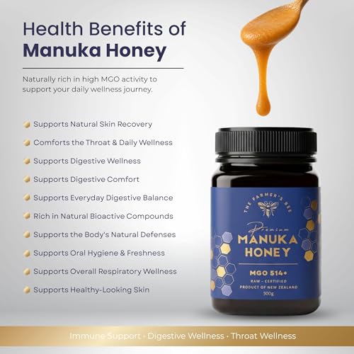 Image of THE FARMER'S BEE New Zealand Manuka Honey MGO 514+ (15+) | Monofloral Raw Honey | MGO Tested | Premium Imported Honey | Natural Face Mask, Skin Care & Minor Cuts | Throat & Respiratory Wellness | 500g