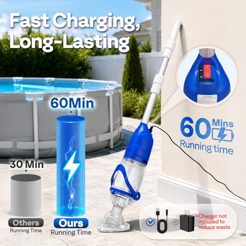 Image of VIVOHOME Handheld Pool Vacuum 13.2 GPM Suction Cordless Pool Cleaner 20W Powerful Motor Long-Run 60min Battery, Adjustable Pole for Above Ground & In-Ground Pools, Spas - Blue