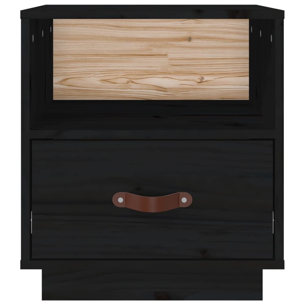 Comodino Nero in Legno Massello di Pino 45x45x40 cm con Cassetto e Vano a Giorno, Mobiletto Salvaspazio per Camera da Letto Soggiorno Ufficio, Tavolino Contenitore Organizzatore
