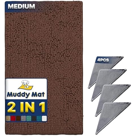 Muddy Mat 2 in 1 Bundle - Absorbent Microfiber Door Mat Brown Medium (30"X19") & Rug Heavy Duty Non-Slip Corner Pad (Pack of 4) -Double-Sided Adhesive Pad for Corners -Ultimate Floor Protection Combo Cover