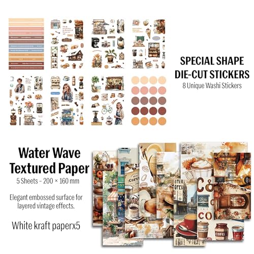 Image of The AutoStory Cafe Shop Scrapbooking Album A6 Junk Journal Notebook Aesthetic Stickers Collage Paper Washi Tape DIY Craft Art Vintage Hobby Assortment Set Present Teens (See You Coffee, Coffee)