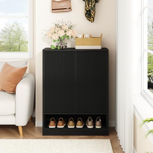 Image of Fluted Shoe Cabinet with Doors, 2 Pieces 41 inch Tall Entryway Shoe Organizer Cabinet with Adjustable Shelves, 5-Tier Modern Wood Free Standing Shoe Rack for Hallway, Living Room, Closet, Black