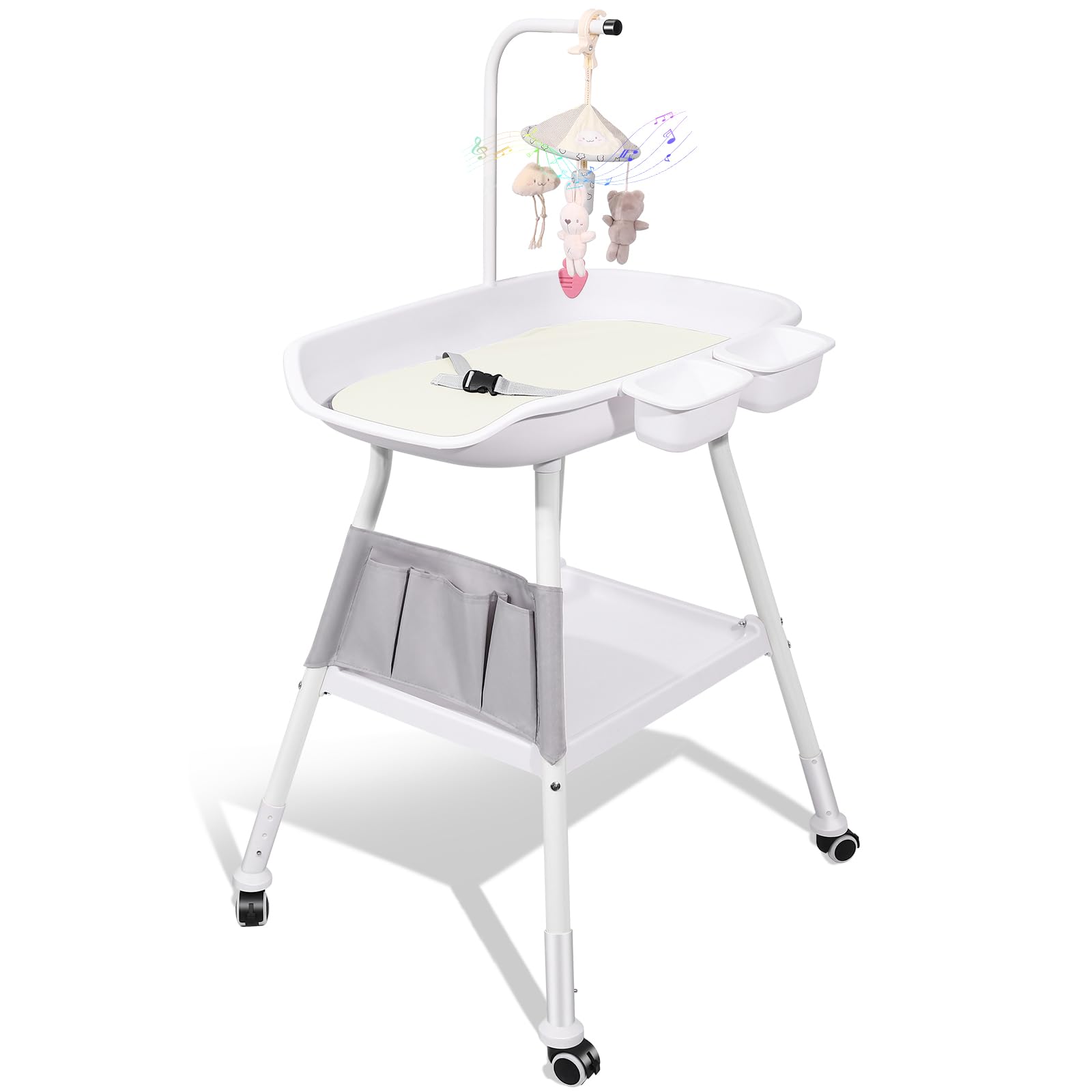 Baby Changing Table, Adjustable Height Diaper Changing Station, Baby Changing Station with Baby Crib Mobile, Changing Pad, Nursery Organizer and Large Storage Rack for Infant, Newborn