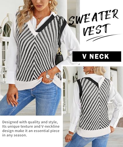 Image of MARZXIN Women Sleeveless Sweater V Neck Casual 2026 Fall Knitted Chevron V Neck Sweater Vest Color Block Pullover Sweater Top