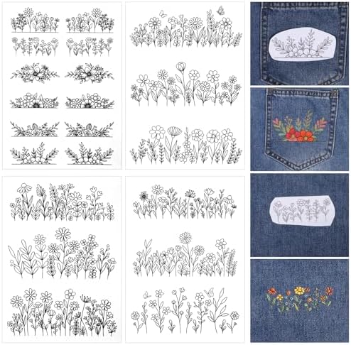 YBEATY 4 Sheets Water Soluble Stabilizer Embroidery Patterns Stick Stitch Embroidery Flower Paper Floral Daisy Designs Wash Away Stabilizer Printable Draw Patterns for Hand Sewing Lover Beginners