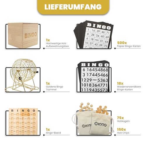 Kyto Bingo Spiel Deluxe Set – Gold Metall Trommel & Holzbox – 75 Kugeln, 150 Chips, 18 Wiederverwendbare Bingokarten + 500 Stift-Karten – Gesellschaftsspiel für Familie, Party & Senioren