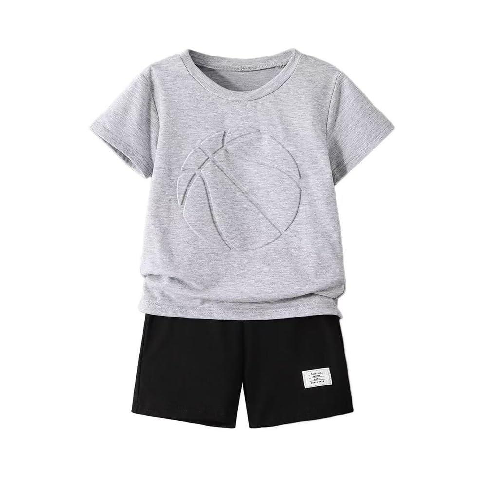 Image of Boys 2 Piece Outfits Short Sleeve Basketball Pattern T-Shirt and Shorts Summer Clothes for Kids 5-12 Years