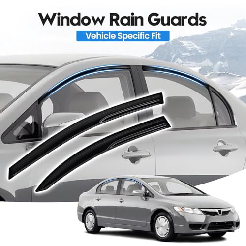 Image of Civic Rain Guards - Window Visors for 2006-2011 Honda Civic 4 Door Sedan Model, Out-Channel Side Window Rain Guards for Civic Accessories, 4PCS, Black, Car Accessories