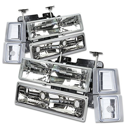 Auto Dynasty Headlights Assembly Compatible with 1994-1998 Chevy C10 Silverado Tahoe Suburban C/K 1500 2500 3500 Blazer, 8Pcs Halogen Headlamps Replacement w/Bumper & Corner Lamps, Chrome Housing