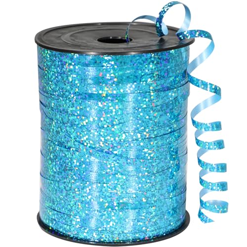 OMISELIO Light Blue Metallic Holographic Curling Ribbon, 500 Yard Teal Blue, Perfect for Gift Wrapping, Balloons, Crafts, Parties, Baby Showers, Graduations, Christmas, Festive Occasions