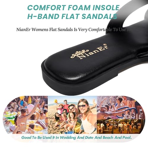 Image of NianEr Womens Microfiber Leather Memory Foam H Sandals Summer Shoes Slides | Flat, Comfortable, Slip On, Dressy, Dress, Beach, Vacation, Designer, Comfy, Casual, Bridal, Church, Boho, Office, Work